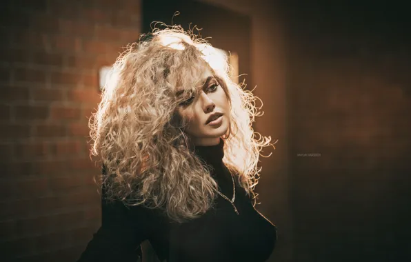 Picture girl, wall, portrait, blonde, curls, Anton Kharisov