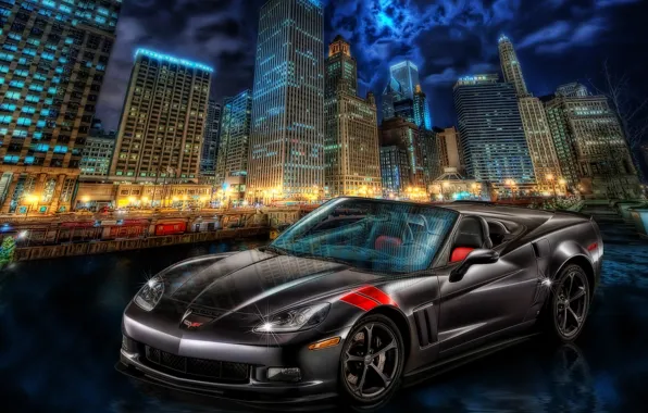 The city, Corvette, Chevrolet, night city, skyscrapers, Chevrolet Corvette