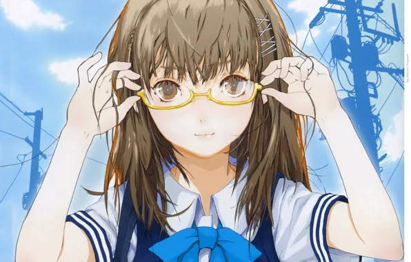 Face, hands, glasses, Power lines, girl, bow, blue sky, bangs