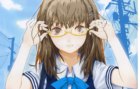 Picture face, hands, glasses, Power lines, girl, bow, blue sky, bangs