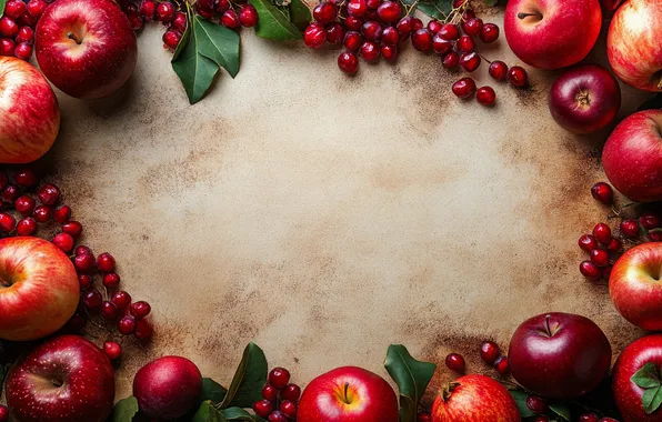 Leaves, apples, texture, red, grenades, composition, beige background, pomegranate grains