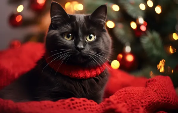 Cat, cat, look, branches, red, kitty, black, Christmas