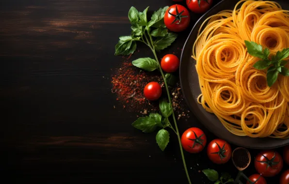 Greens, leaves, the dark background, Board, tomatoes, spaghetti, tomatoes, spices