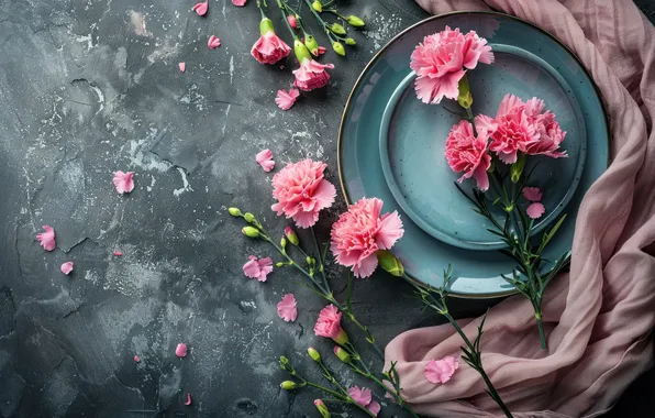 Flowers, holiday, bouquet, plate, March 8, carnation, Valentine's Day, clove