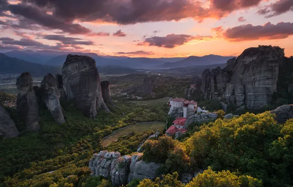 The sky, mountains, rocks, meteor, Greece, Meteora