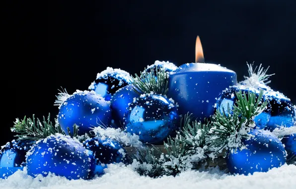 Balls, snow, decoration, holiday, candle, New Year, Christmas