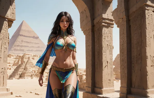 Girl, fantasy, nature, art, sands, painting, fantasy art, pyramids