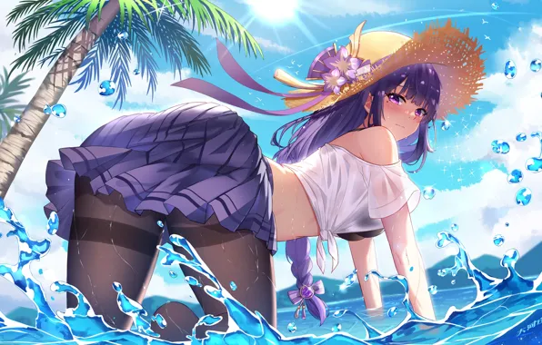 Picture palm trees, the game, sea, Raiden Shogun, girl, Genshin Impact