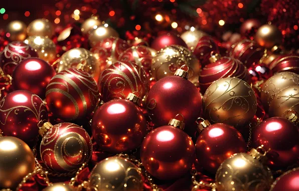 Balls, Christmas, New year, red, golden, new year, Christmas, balls