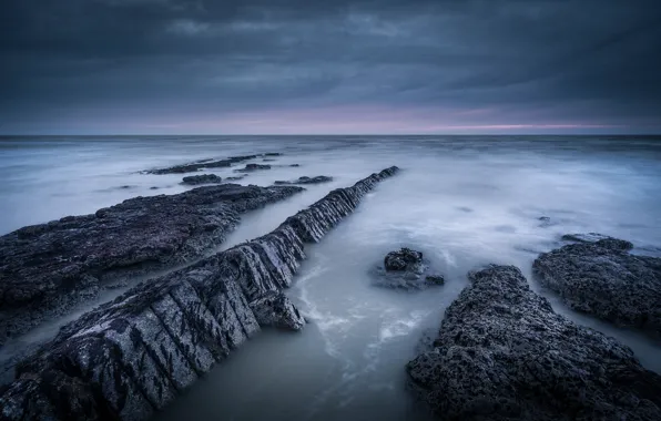 The sky, clouds, rocks, shore, England, the evening, UK, North sea