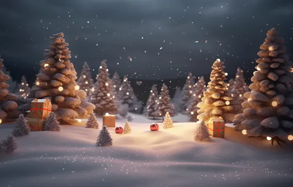 Winter, snow, decoration, lights, balls, tree, New Year, Christmas