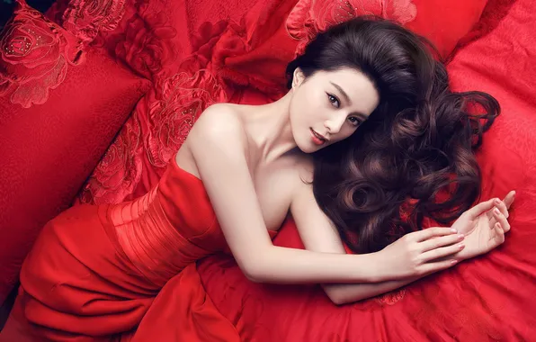 Picture look, red, bed, pillow, dress, brunette, Asian
