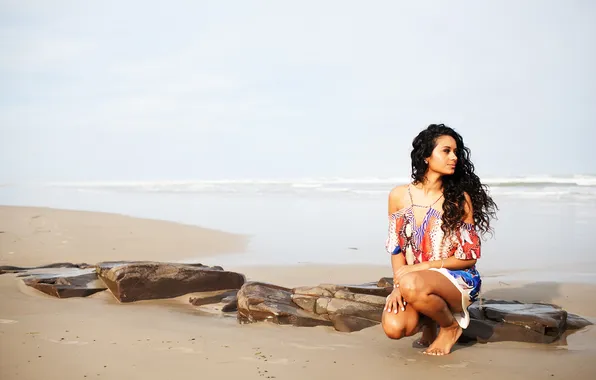 Girl, summer, beach, legs, stone, eyes, lips, hair