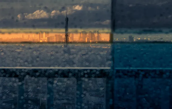 The city, rain, Eiffel tower, Paris, view, window