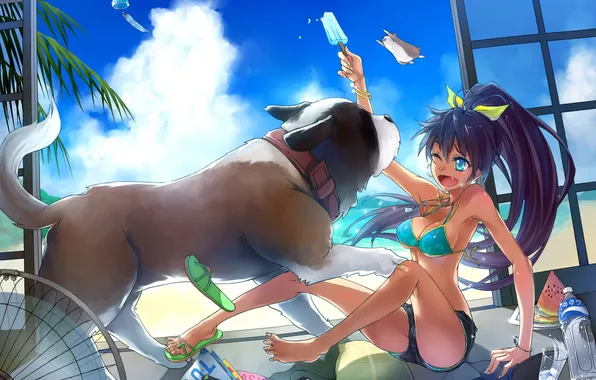 Swimsuit, girl, clouds, the game, dog, fan, ice cream, animal