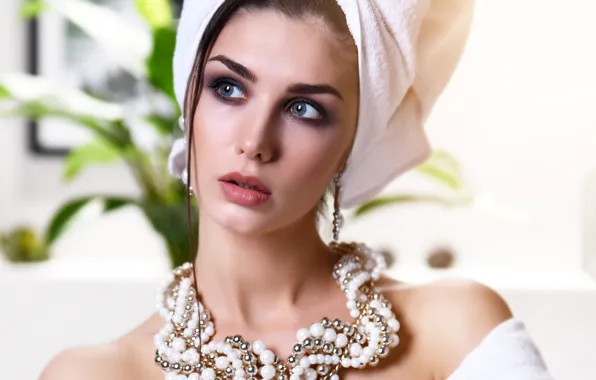 Picture decoration, background, portrait, towel, necklace, makeup, brunette, hairstyle