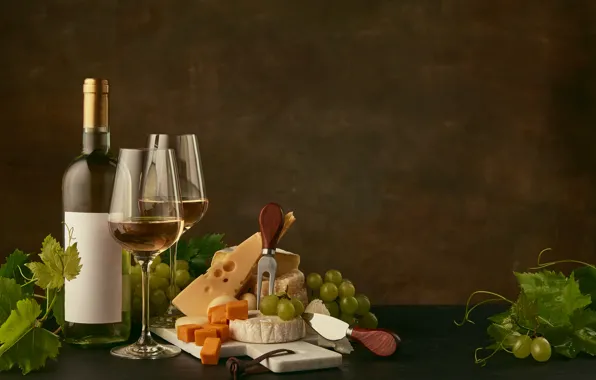 Wine, bottle, cheese, glasses, grapes
