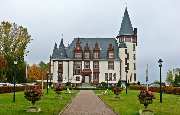 Autumn, trees, flowers, design, castle, lawn, Germany, lights