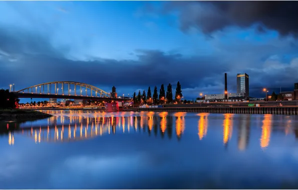 Picture bridge, lights, river, Netherlands, Holland, Guelders, Arnhem