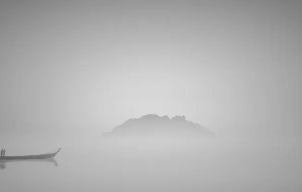 Picture fog, boat, island