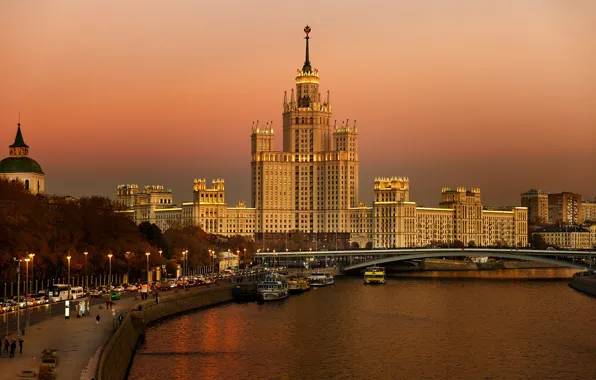 Road, sunset, bridge, the city, river, building, home, Moscow
