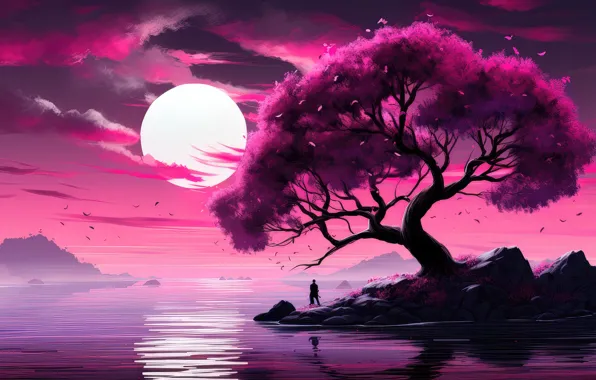 Reflection, tree, pink, the moon, island, beauty, horizon, warrior