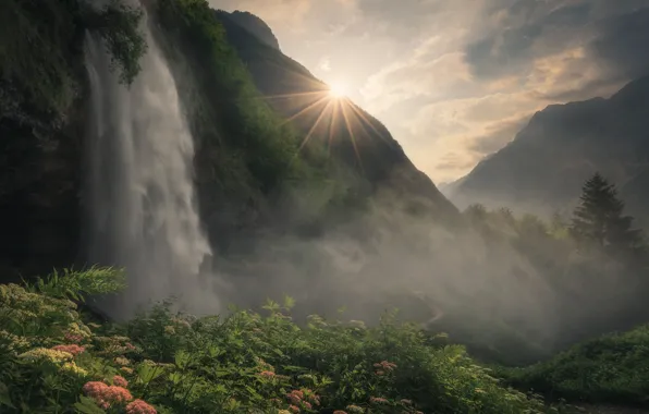 The sun, rays, landscape, mountains, nature, vegetation, waterfall