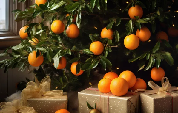 Leaves, branches, oranges, harvest, window, fruit, Christmas, gifts