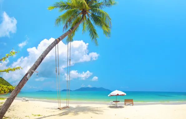 Picture sand, sea, beach, the sun, palm trees, swing, shore, summer