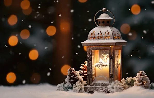 Winter, snow, night, Christmas, lantern, New year, Christmas, night