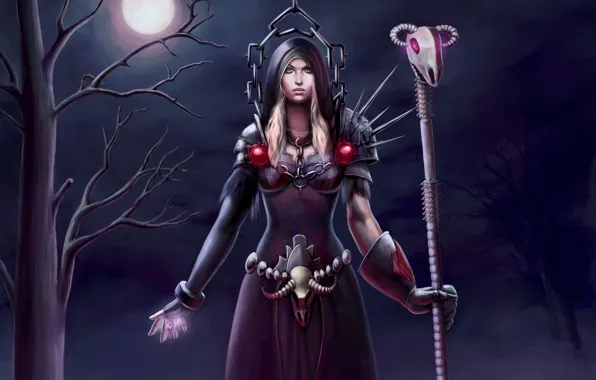 Picture girl, night, tree, the moon, art, staff, world of warcraft, Warlock