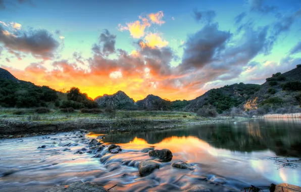 The sky, clouds, landscape, nature, river, HDR, CA, USA