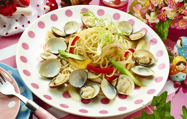 Vegetables, shellfish, pasta