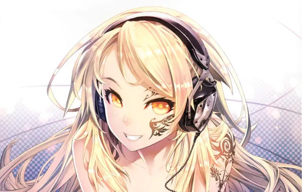 Picture girl, headphones, blonde, tattoo