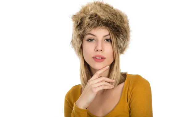 Look, girl, pose, hat, hand, portrait, blonde, white background