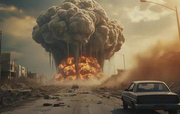 Road, The city, Mushroom, The explosion, Cars, Digital art, A nuclear explosion, Destruction