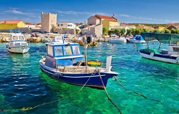 Sea, the city, Marina, boats, promenade, Croatia, Ražanac, Razhanats