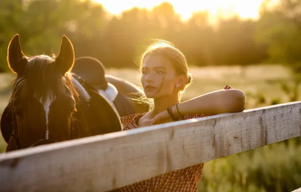Girl, the sun, trees, model, horse, portrait, makeup, dress