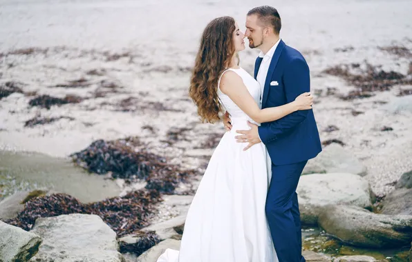 Beach, love, stones, dress, hugs, pair, costume, lovers