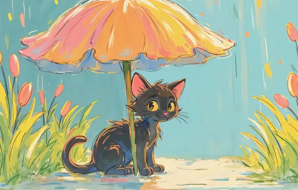 Cat, cat, look, drops, flowers, nature, pose, grey