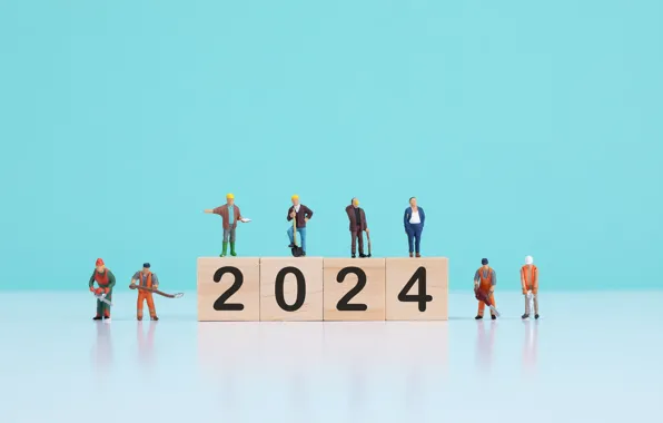 Cubes, men, figures, working, New year, men, blue background, date
