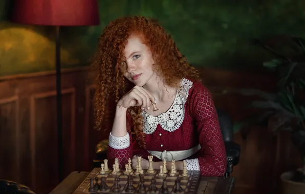 Look, pose, model, portrait, chair, makeup, chess, dress