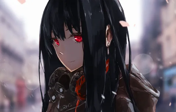 Picture look, girl, snow, the city, smile, red eyes, art, assassinwarrior