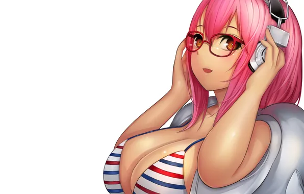Swimsuit, girl, strips, headphones, art, glasses, pink hair, super sonic