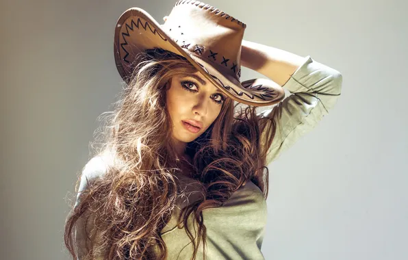Picture look, girl, background, hair, hand, hat, brown eyes