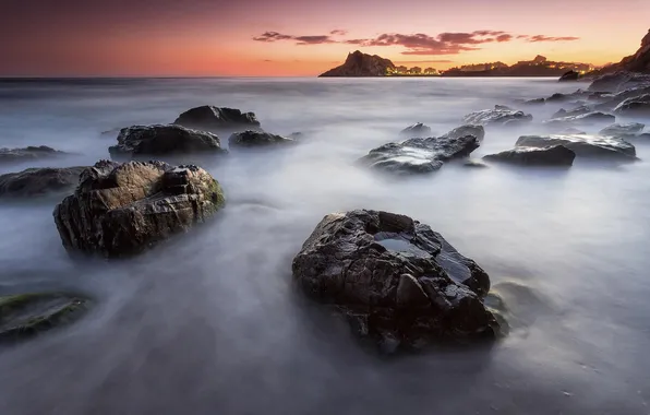 Sea, rocks, dawn, shore