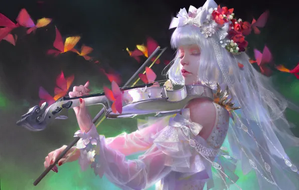Girl, music, violin, white dress, lace