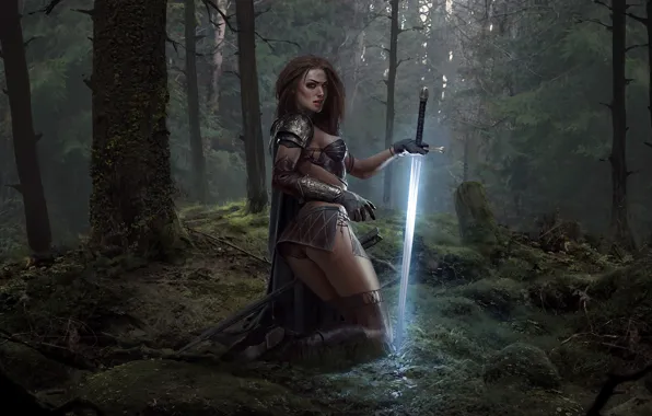 Forest, girl, lights, figure, Shine, sword, leather, fantasy