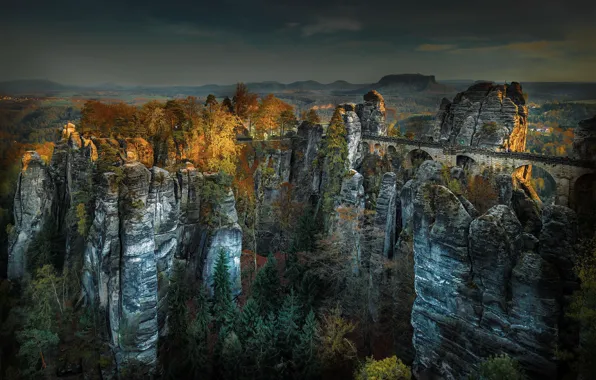 Autumn, mountains, bridge, nature, panorama