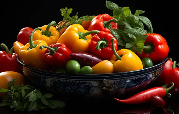 Light, the dark background, pepper, sharp, vegetables, a lot, different, Bulgarian